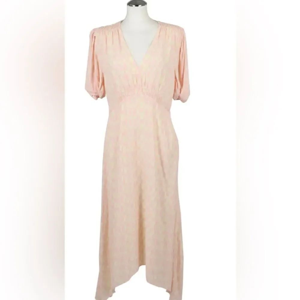 Club Monaco pink and cream check puff sleeve midi dress size 2